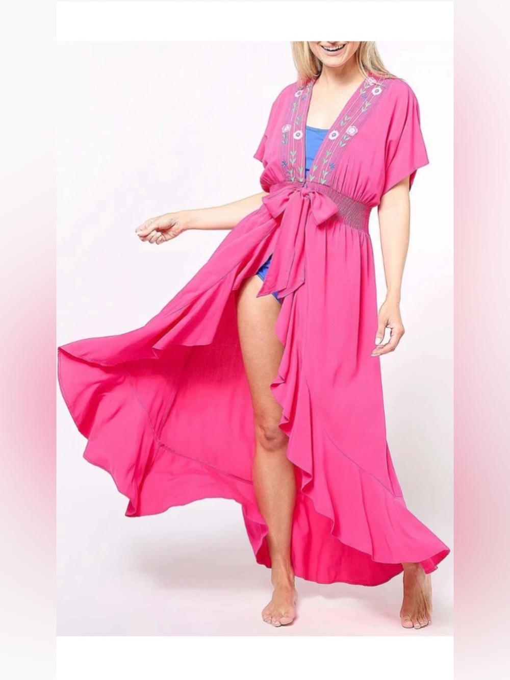 Hot Pink Floral Embroidered Ruffle Maxi Dress